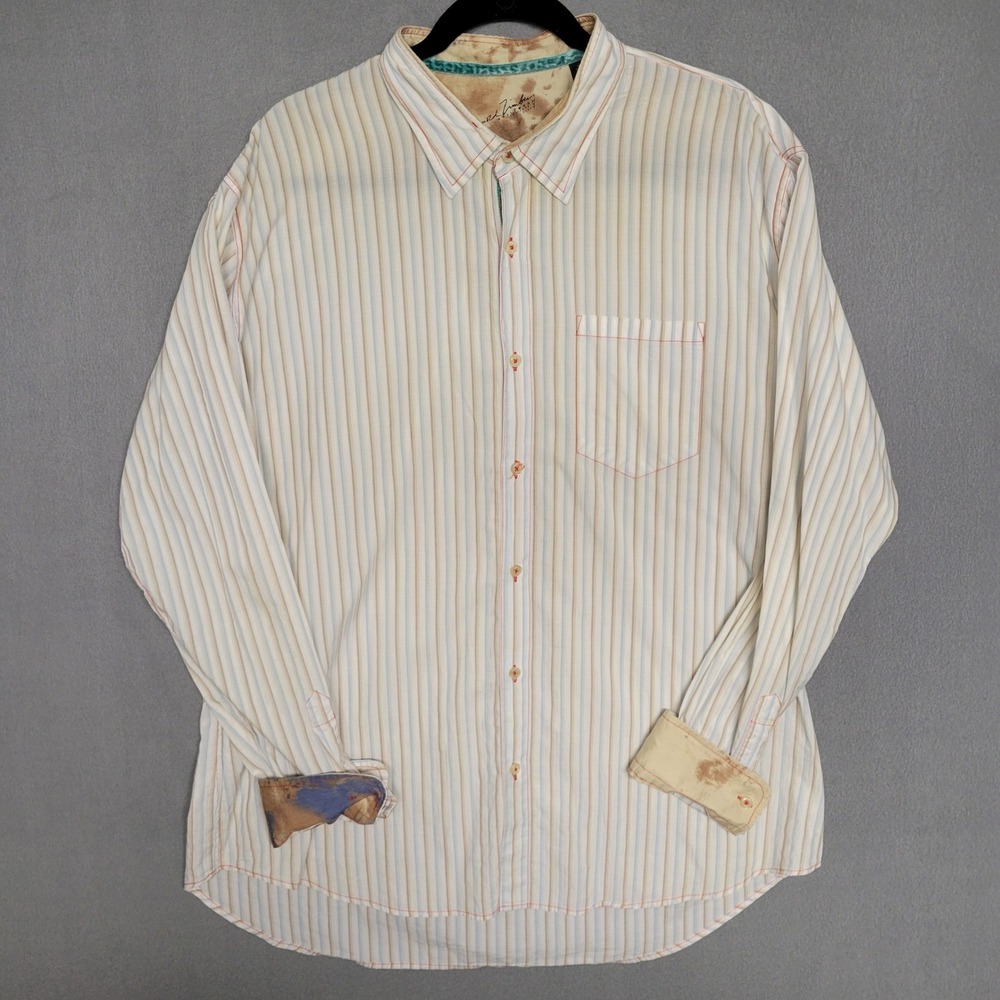 Arnold Zimberg Mens XL‎ Striped Button Down Shirt White Tan Blue Contrast Cuffs